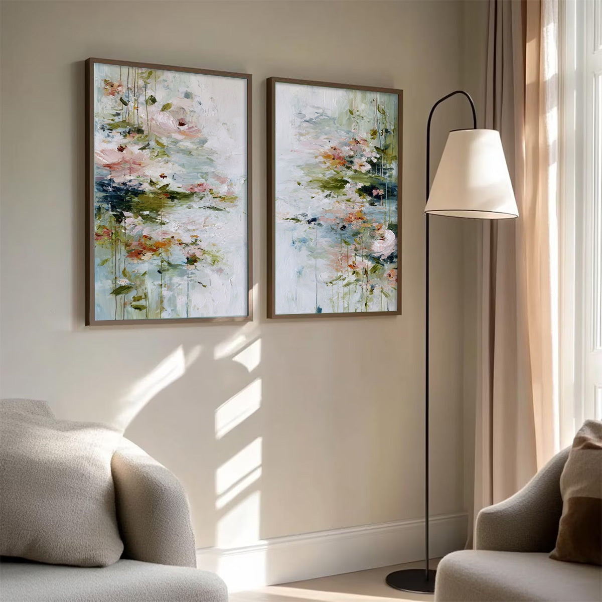 GARDEN REVERIE: Abstract Impressionist Floral Diptych Painting