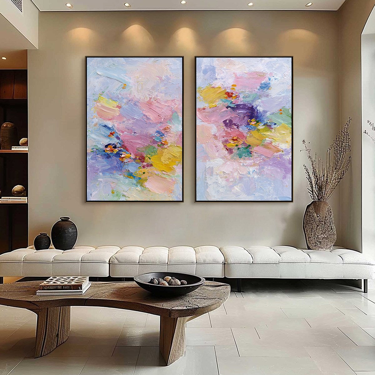 GARDEN REVERIE: Colorful Abstract Floral Impasto Painting Set of 2