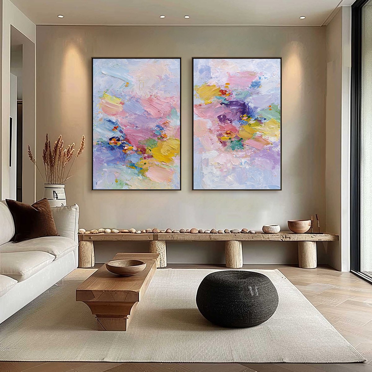 GARDEN REVERIE: Colorful Abstract Floral Impasto Painting Set of 2