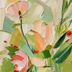 Textured impasto floral still life oil painting with soft pink, peach and green petals
