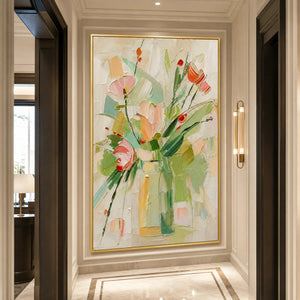 Textured abstract floral oil painting in gold frame with soft green, pink, and coral brushstrokes