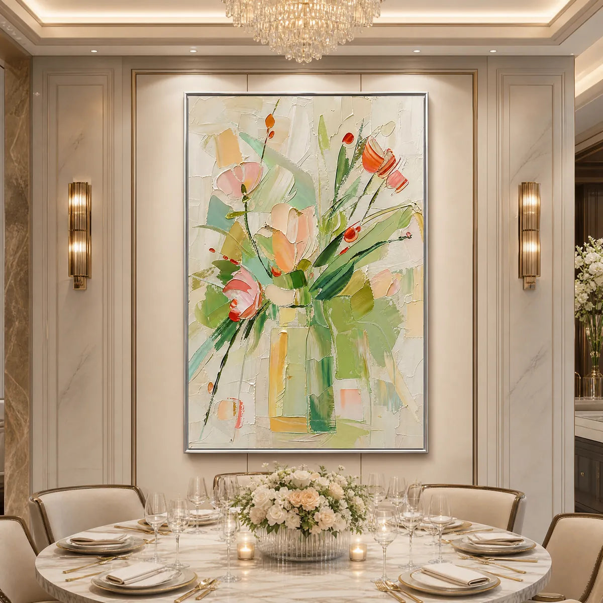 Textured impasto floral oil painting with pastel pink, green, and coral flowers in a modern dining room