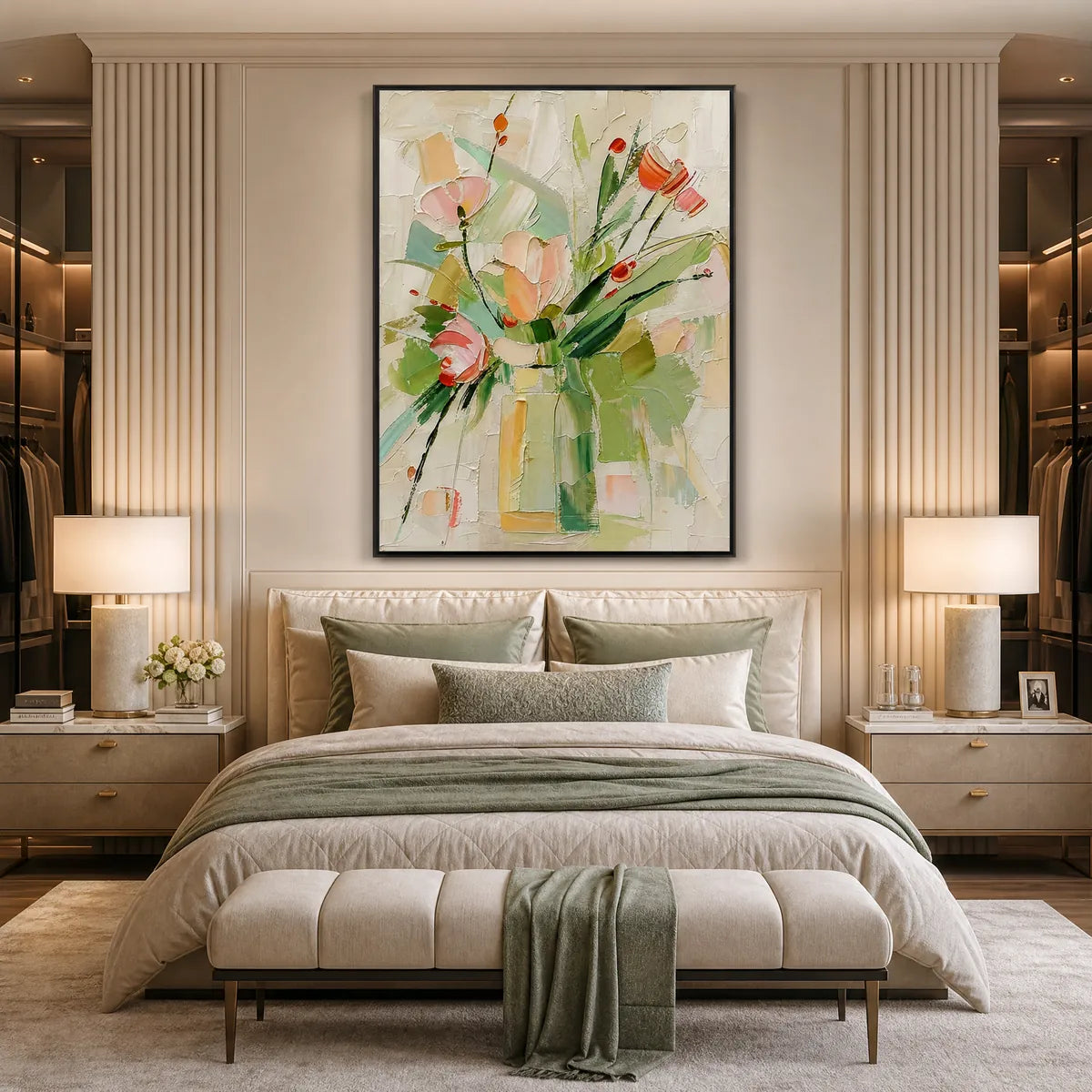 Textured floral still life oil painting in soft pink, green and peach above a luxury bed