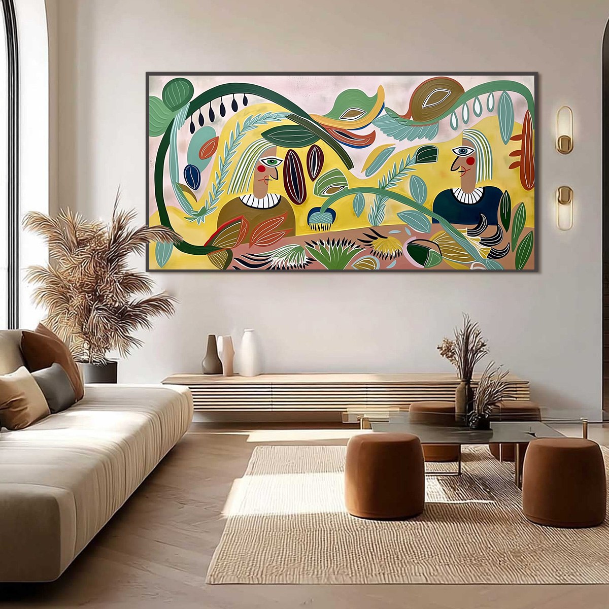 GARDEN WHISPERS: Large Colorful Boho Figurative Abstract Painting