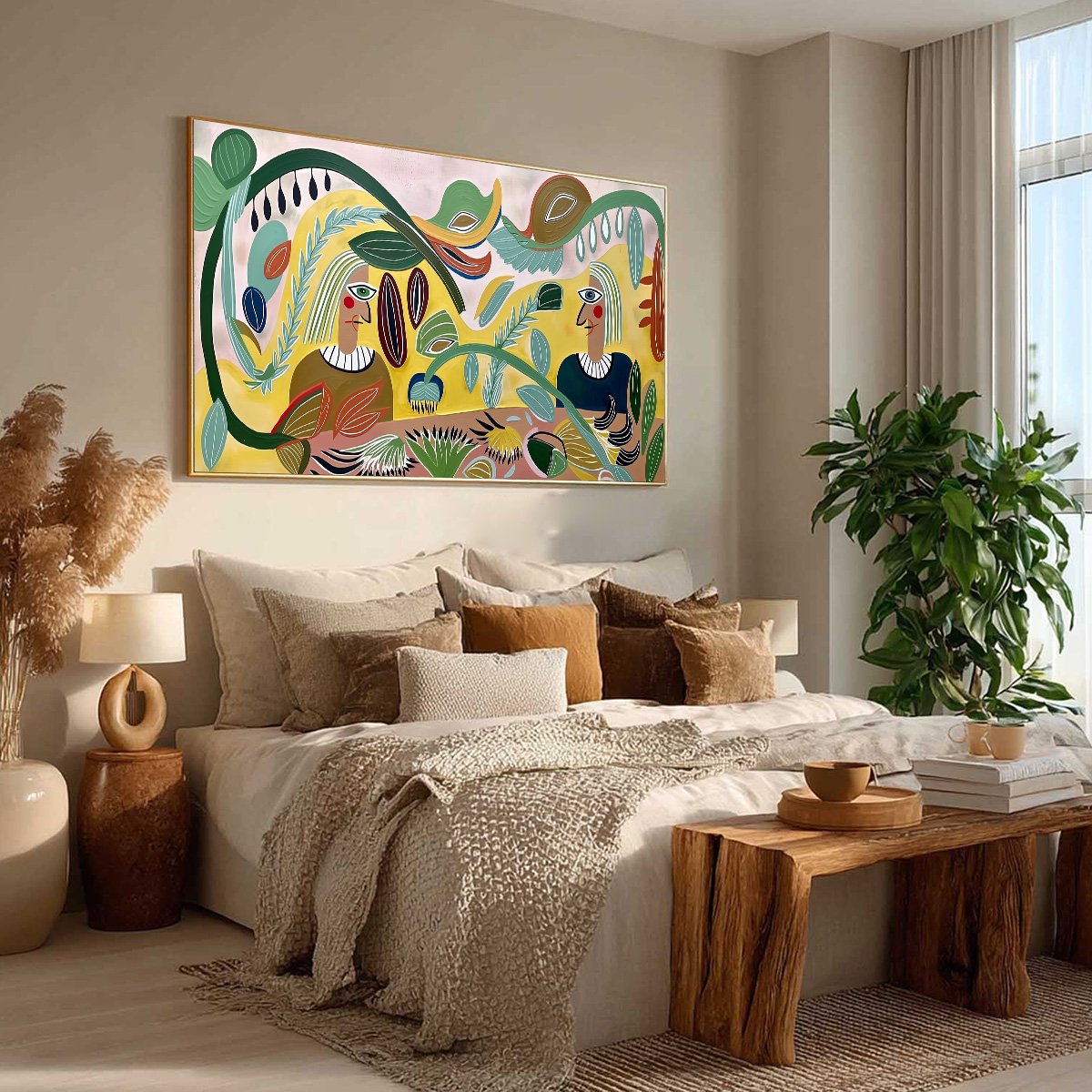 GARDEN WHISPERS: Large Colorful Boho Figurative Abstract Painting