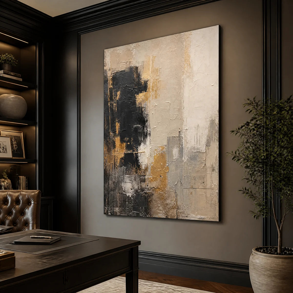 Black white gold abstract painting in a modern luxury office.