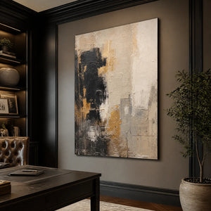 Black white gold abstract painting in a modern luxury office.
