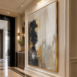 GILDED CONTRAST: Black White Gold Abstract Painting