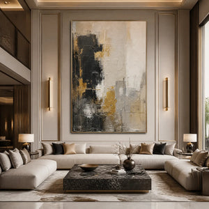 GILDED CONTRAST: Black White Gold Abstract Painting