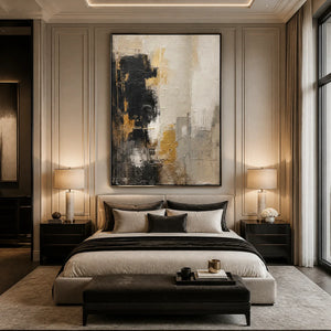 GILDED CONTRAST: Black White Gold Abstract Painting