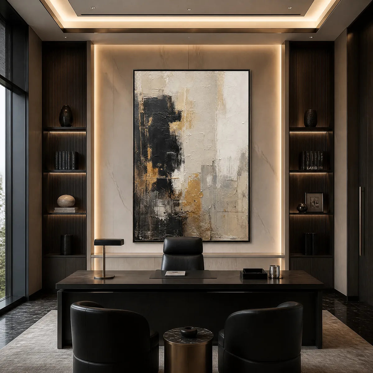 GILDED CONTRAST: Black White Gold Abstract Painting