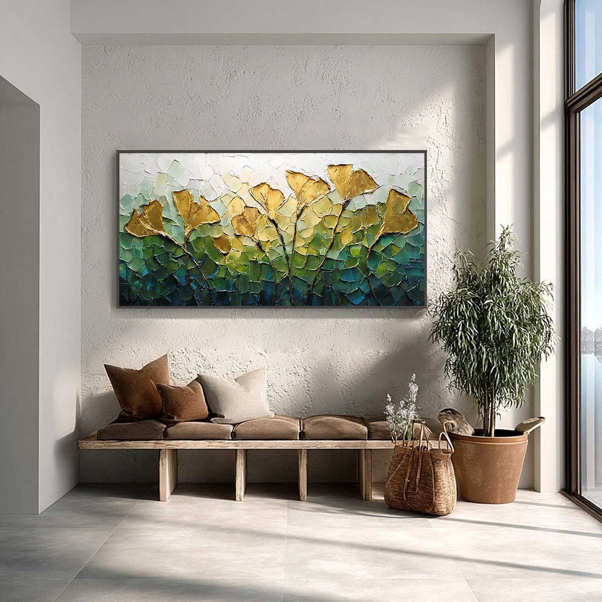 GILDED GINKGO: Textured Golden Floral Impasto Oil Painting