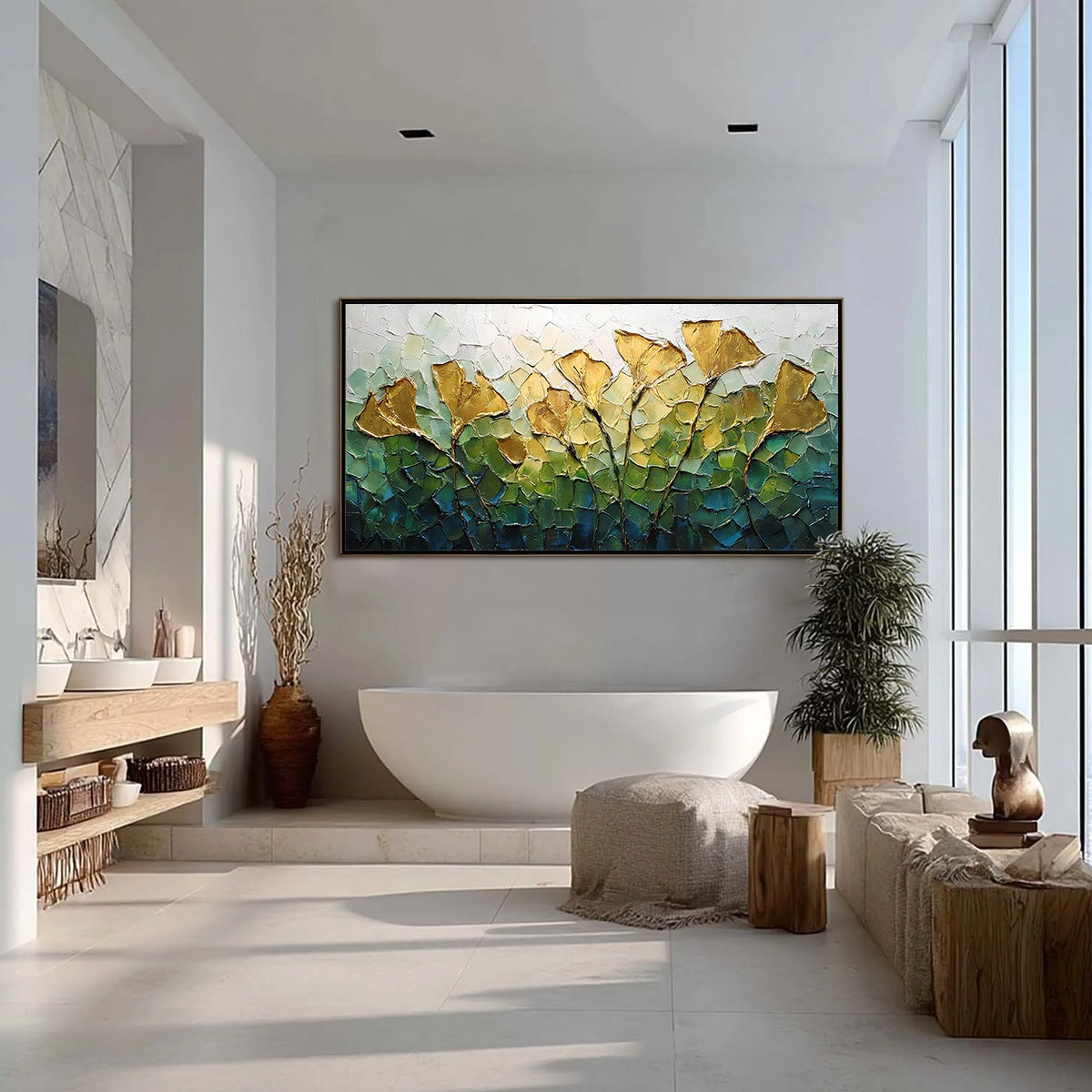 GILDED GINKGO: Textured Golden Floral Impasto Oil Painting