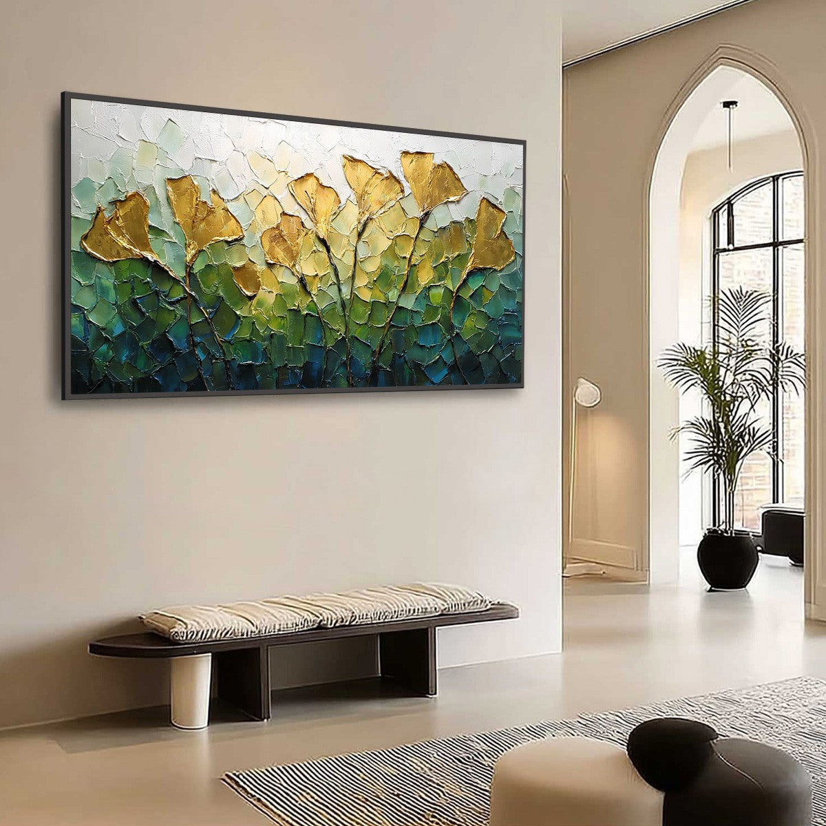 GILDED GINKGO: Textured Golden Floral Impasto Oil Painting