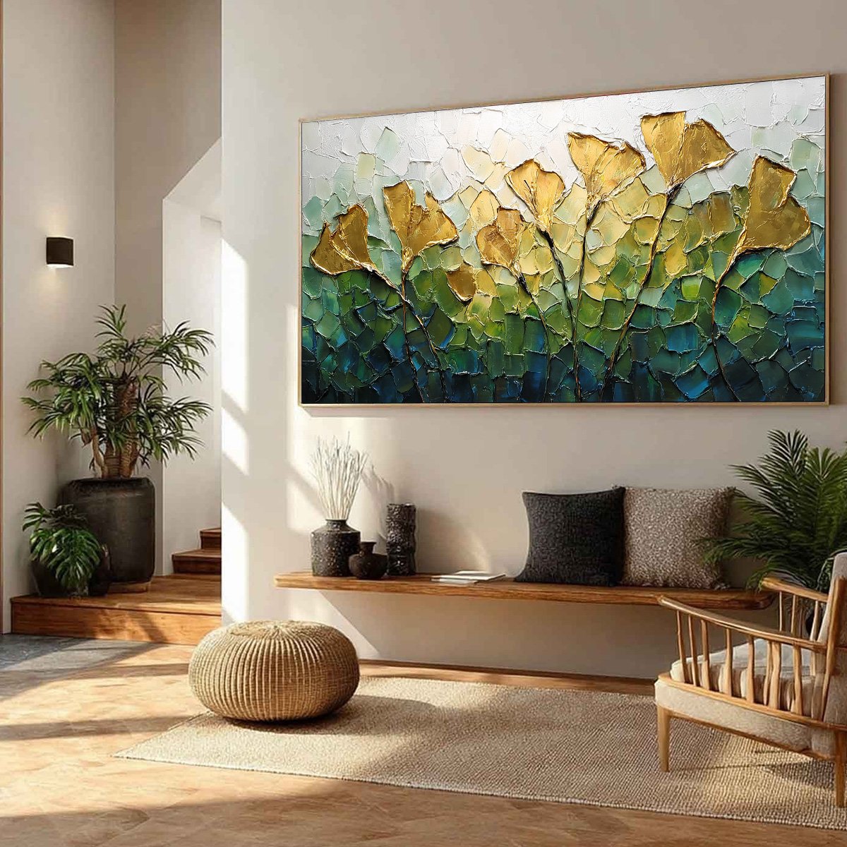 GILDED GINKGO: Textured Golden Floral Impasto Oil Painting
