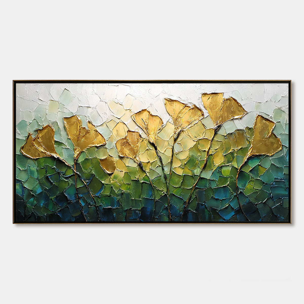 GILDED GINKGO: Textured Golden Floral Impasto Oil Painting