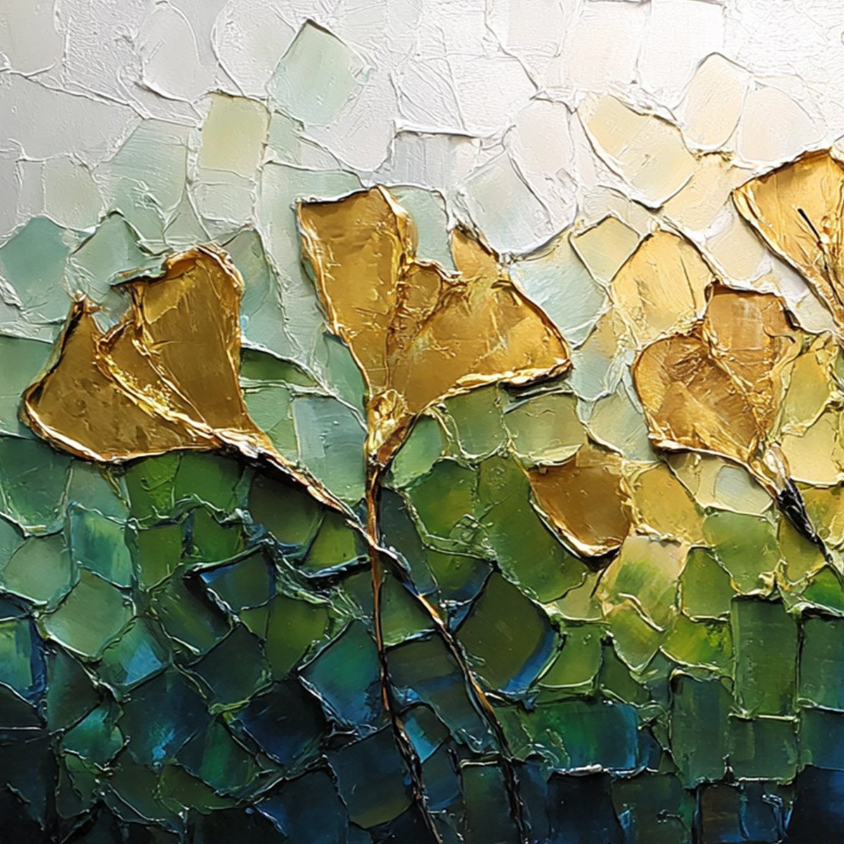 GILDED GINKGO: Textured Golden Floral Impasto Oil Painting