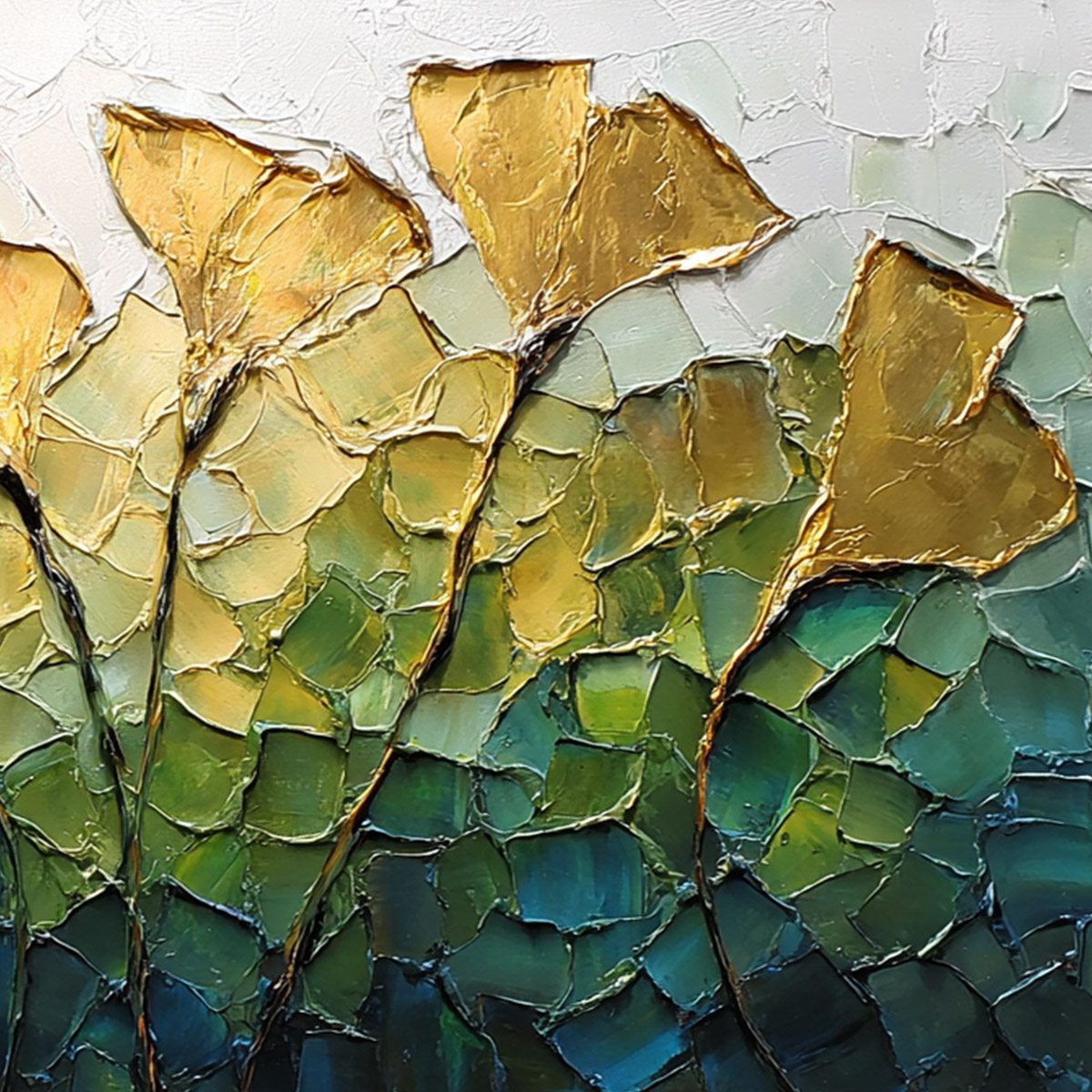 GILDED GINKGO: Textured Golden Floral Impasto Oil Painting