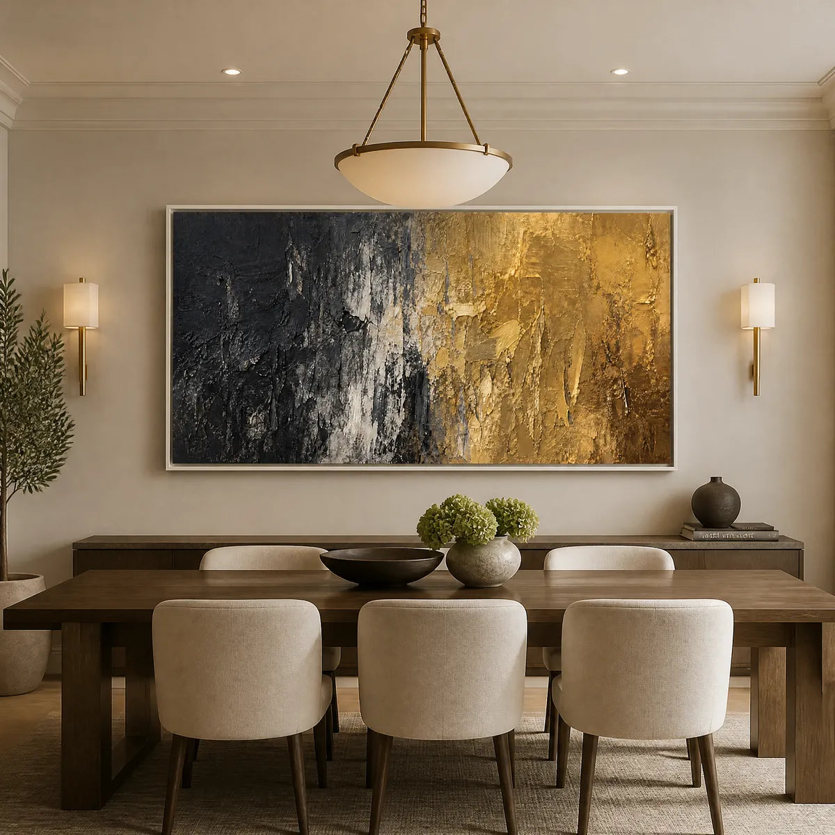 Black and gold textured abstract wall art in a white frame displayed in a refined dining room.