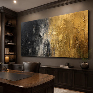 Black and gold abstract wall art with textured oil painting in modern luxury office.