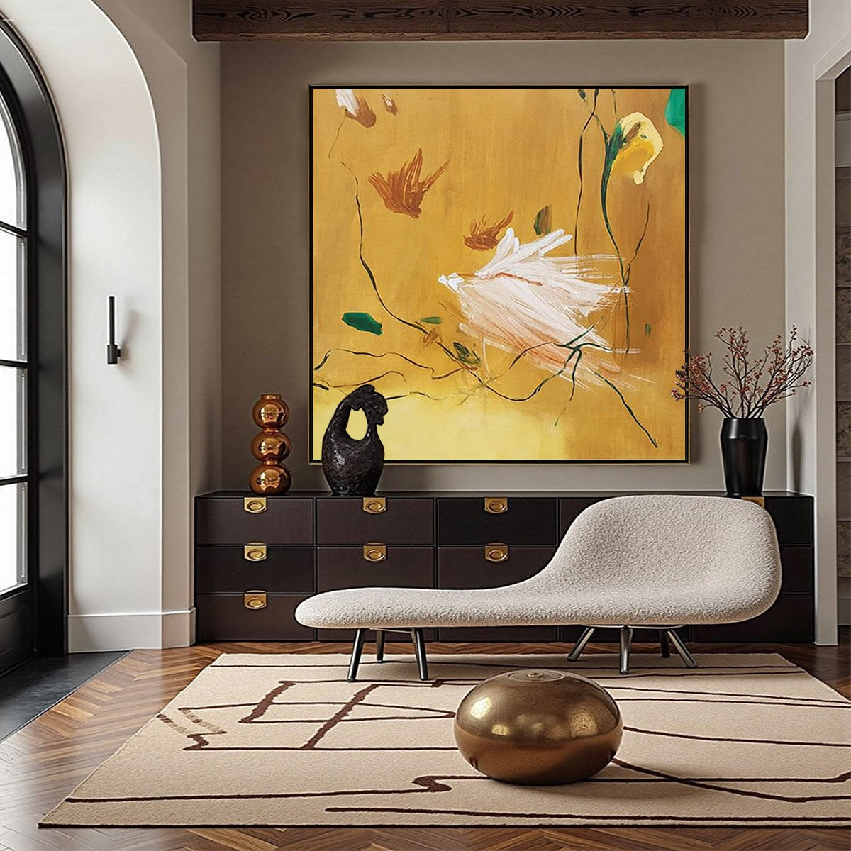 GILDED WING | Square Yellow Abstract Oil Painting for Wall Art