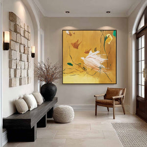 "Gilded Wing" square yellow abstract oil painting with expressive white brushstrokes on gold background.