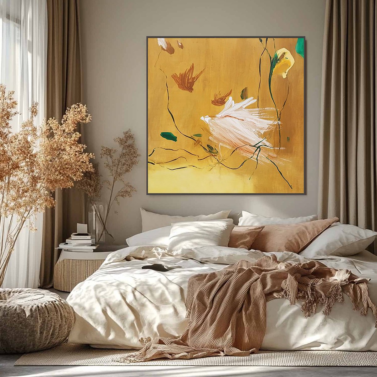 "Gilded Wing" original abstract oil painting, yellow with white dynamic strokes, modern wall art.