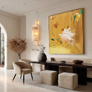 Gilded Wing golden-ochre abstract oil painting, expressive white strokes, original handmade wall art.