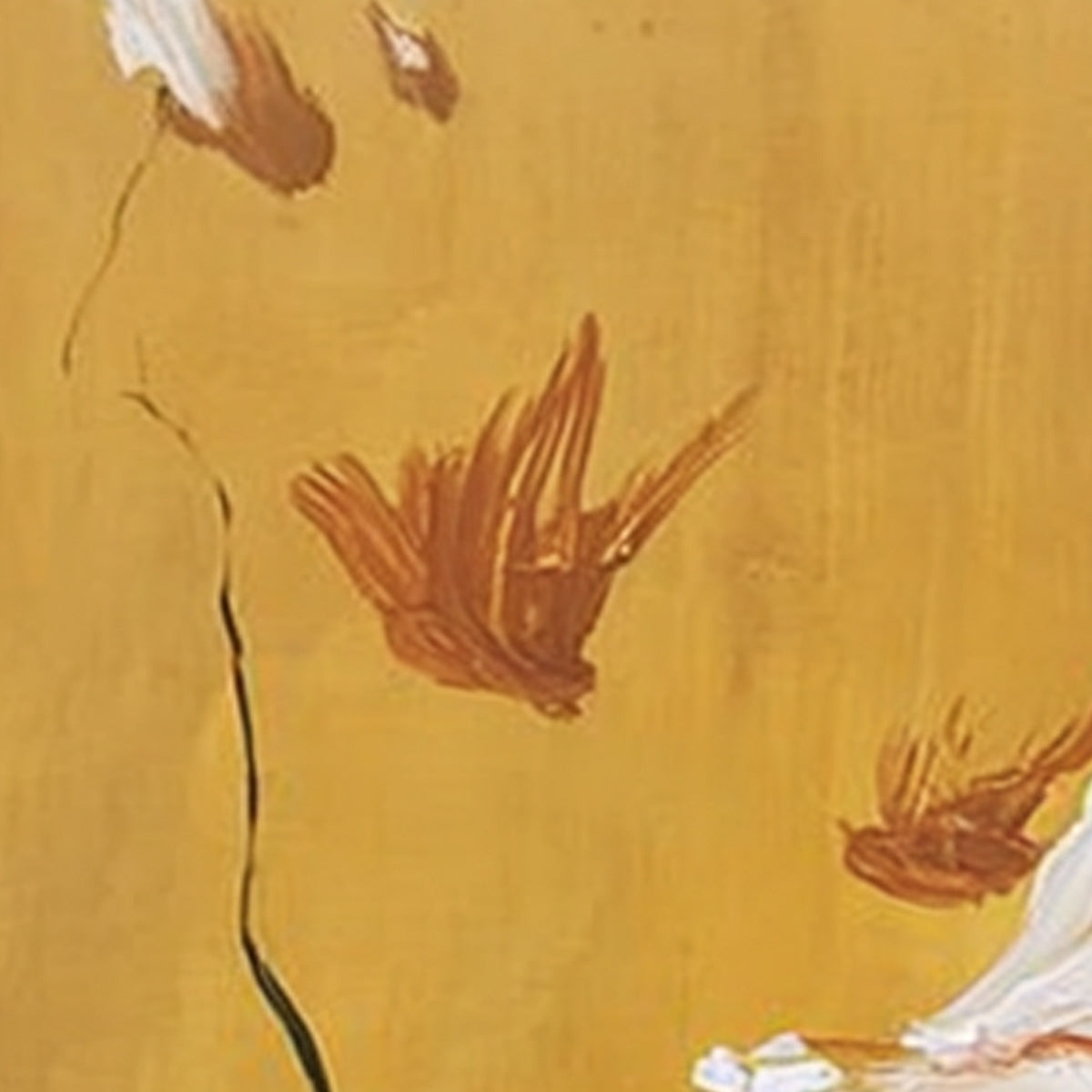 Gilded Wing square yellow abstract oil painting with birds in flight, original wall art