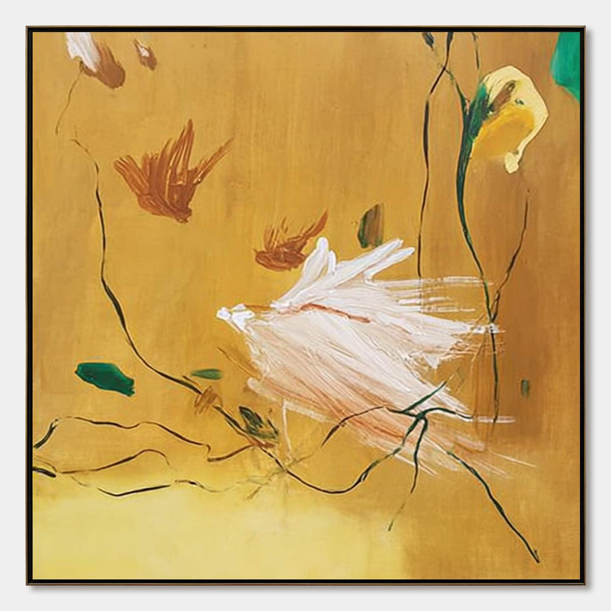 GILDED WING | Square Yellow Abstract Oil Painting for Wall Art