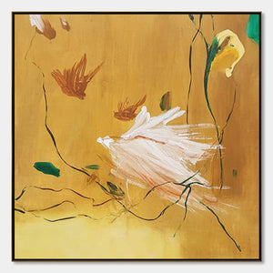 "Gilded Wing" original abstract oil painting, yellow, white, brown strokes, wall art.