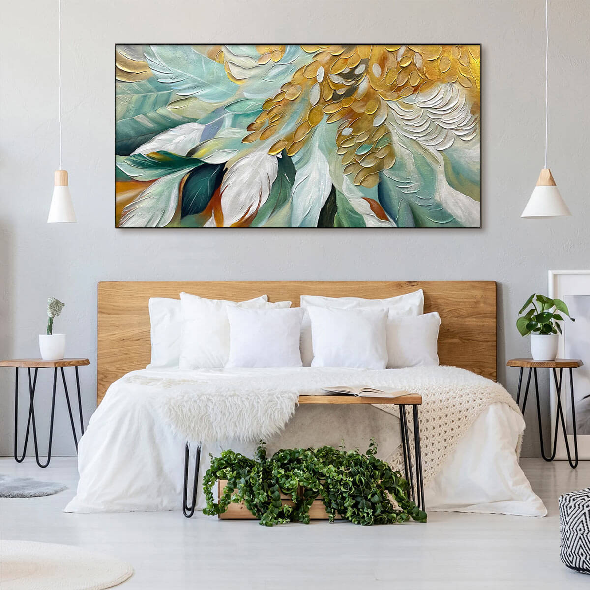 GILDED GARDEN: Green and Gold Floral Textured Impasto Oil Painting