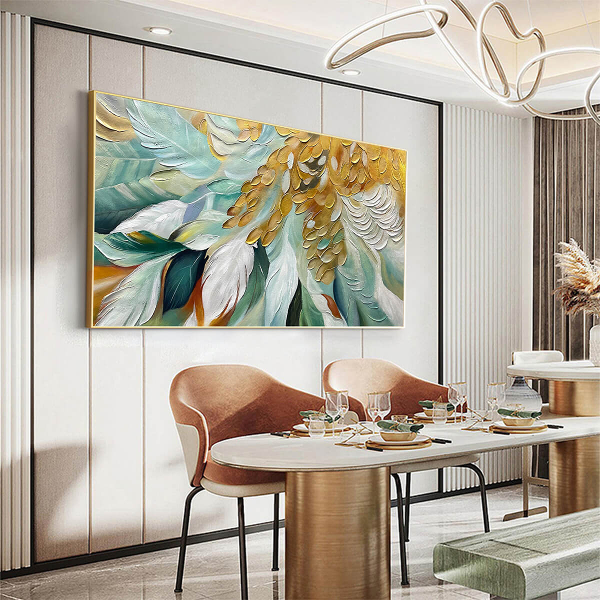 GILDED GARDEN: Green and Gold Floral Textured Impasto Oil Painting