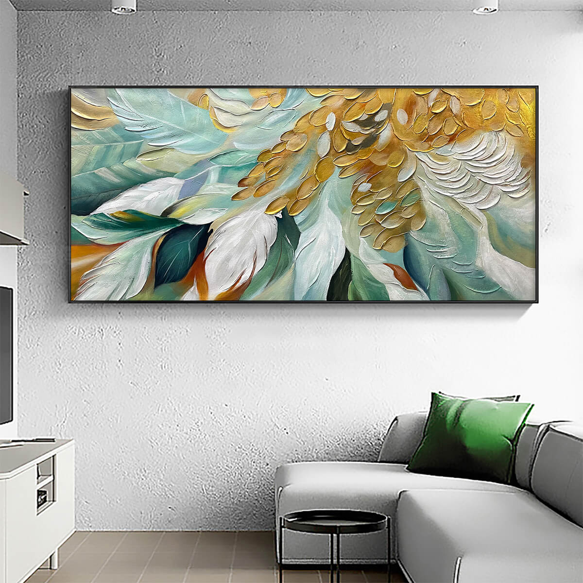 Gilded Garden: Green and Gold Floral Textured Impasto Oil Painting Canvas Wall Art Decor