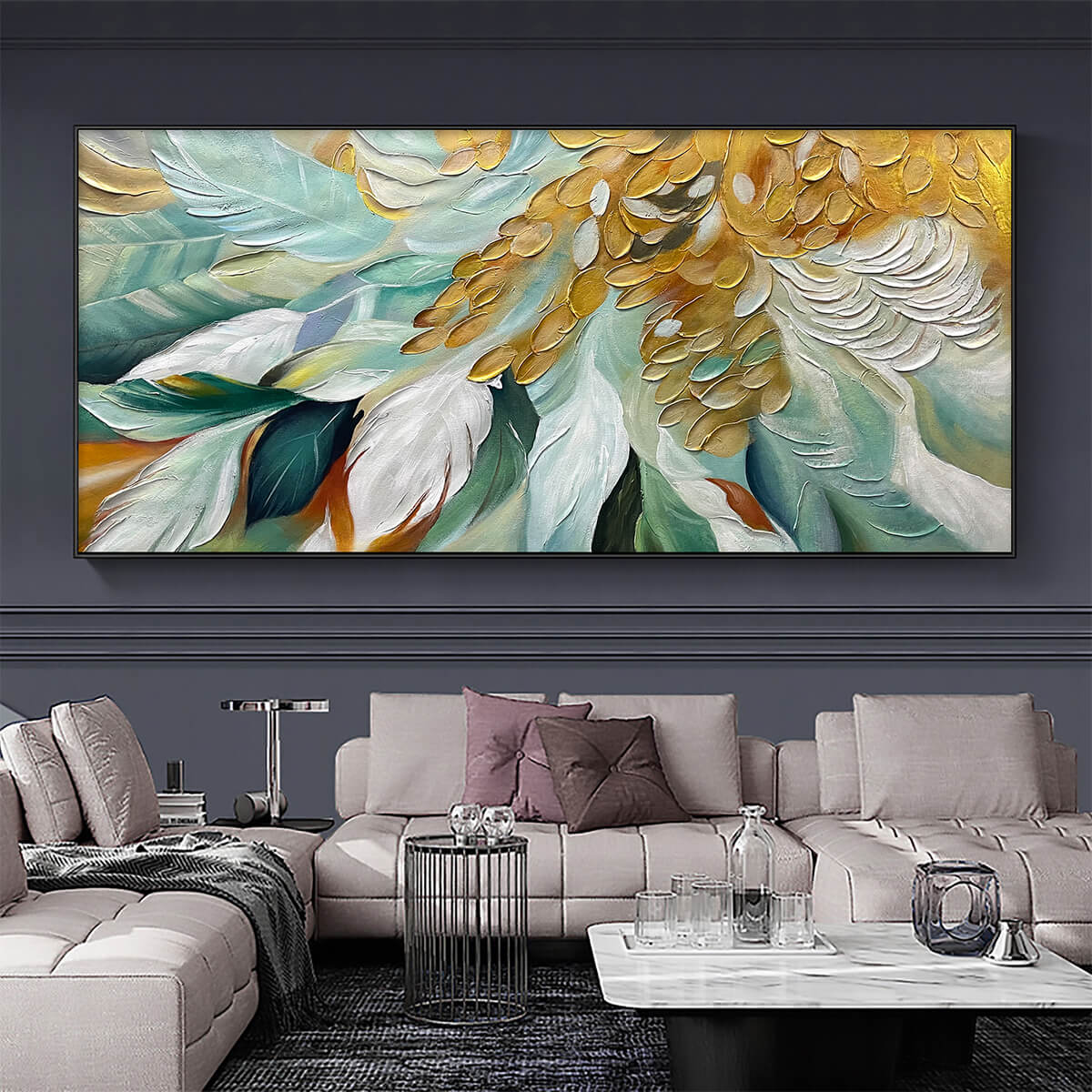 GILDED GARDEN: Green and Gold Floral Textured Impasto Oil Painting