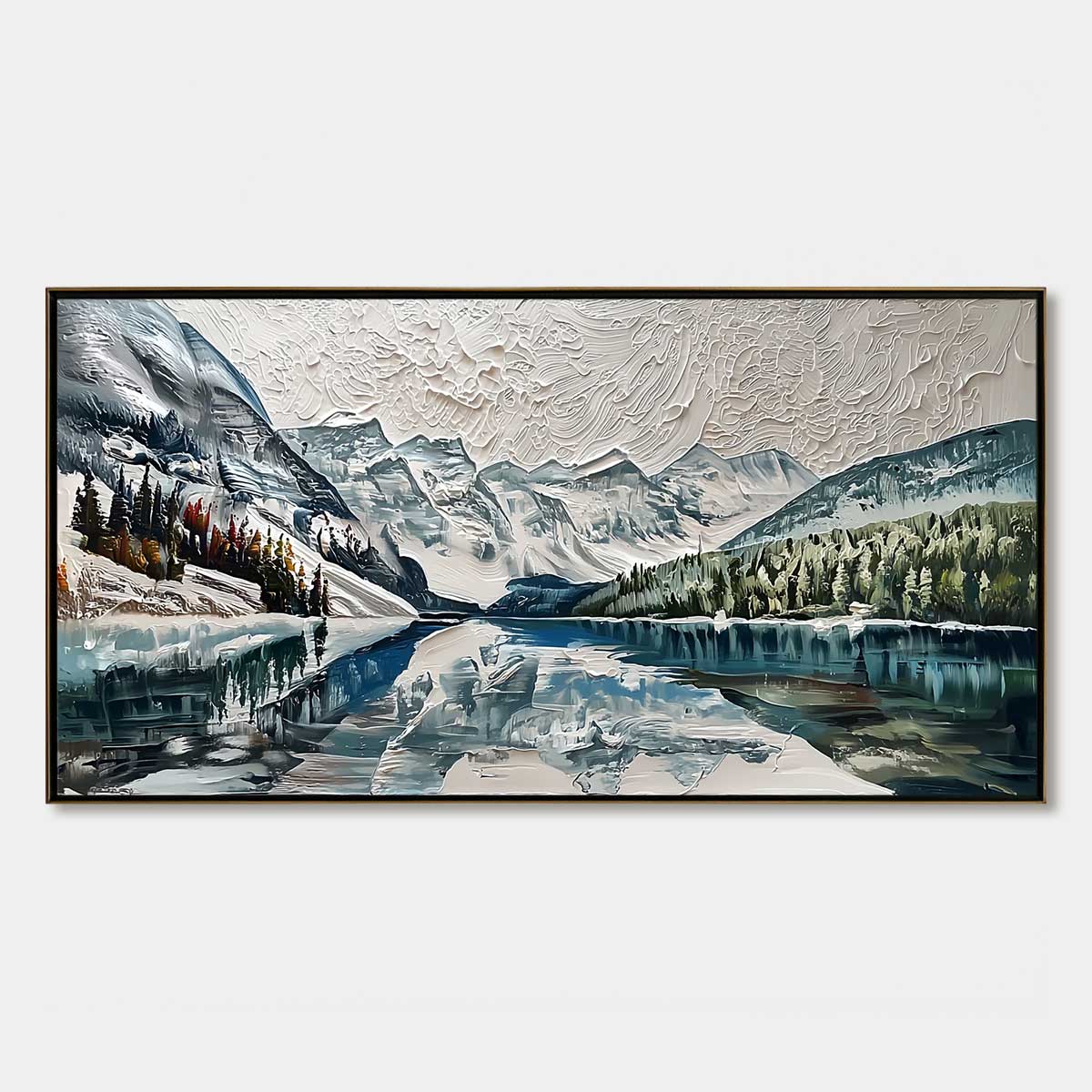 Glacial Serenity Textured Mountain Lake Oil Painting Wall Art