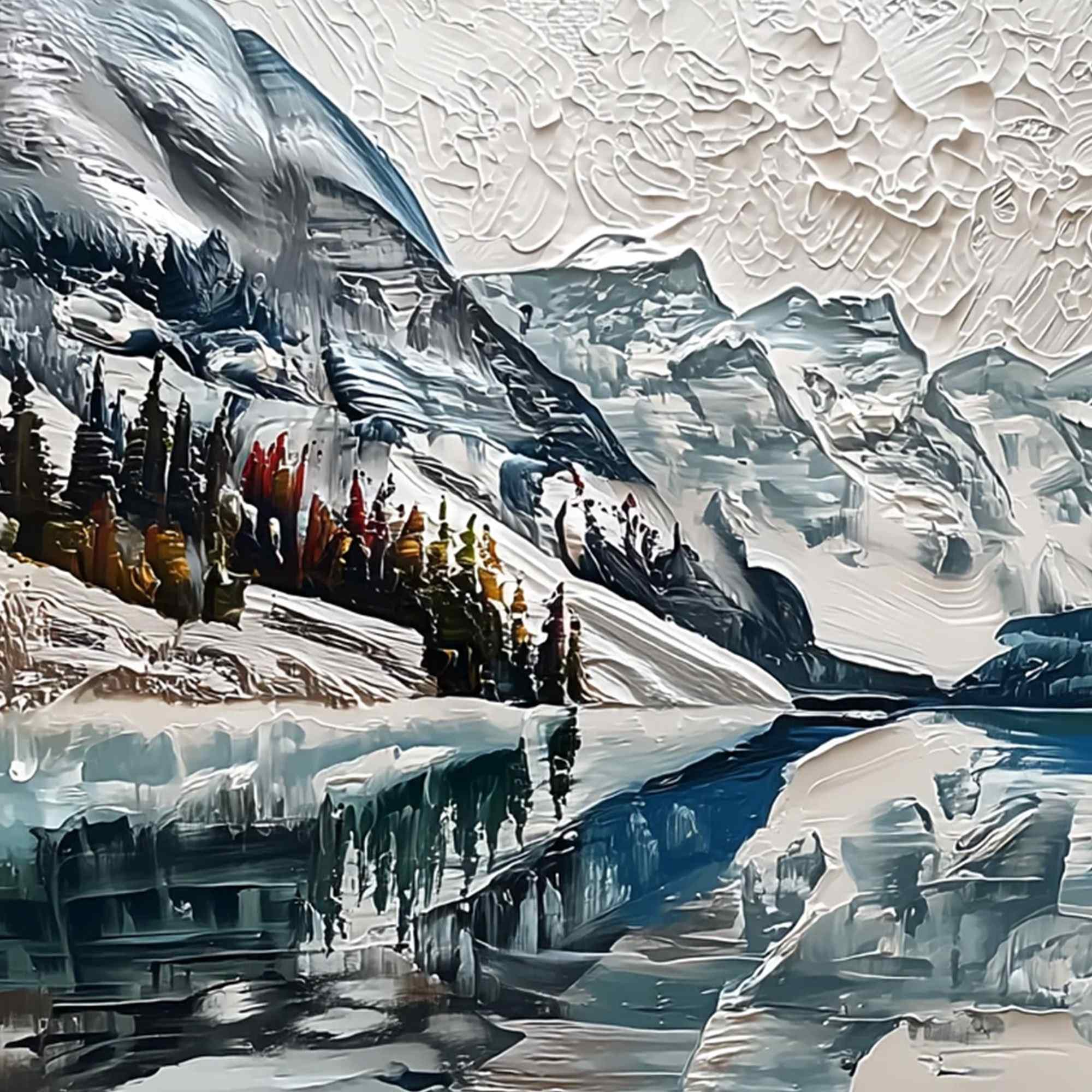 Glacial Serenity Textured Mountain Lake Oil Painting Wall Art