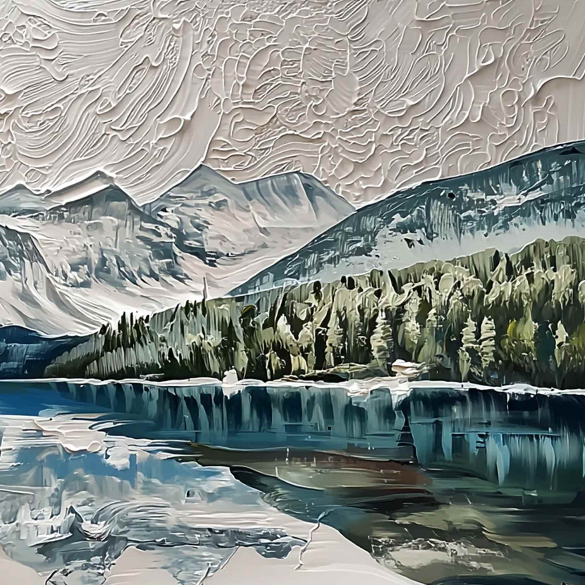 GLACIAL SERENITY: Heavily Textured Impasto Mountain Lake Painting