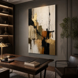 Gold Thread black gold linear abstract painting in a luxury office, framed wall art.