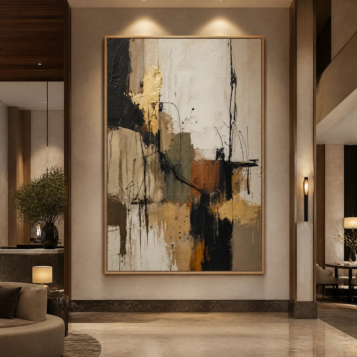 Gold Thread black gold abstract wall art in a luxury living room displayed in a luxury hotel lobby.