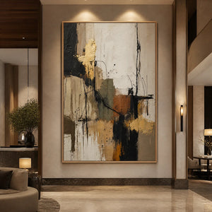 Gold Thread black gold abstract wall art in a luxury living room displayed in a luxury hotel lobby.