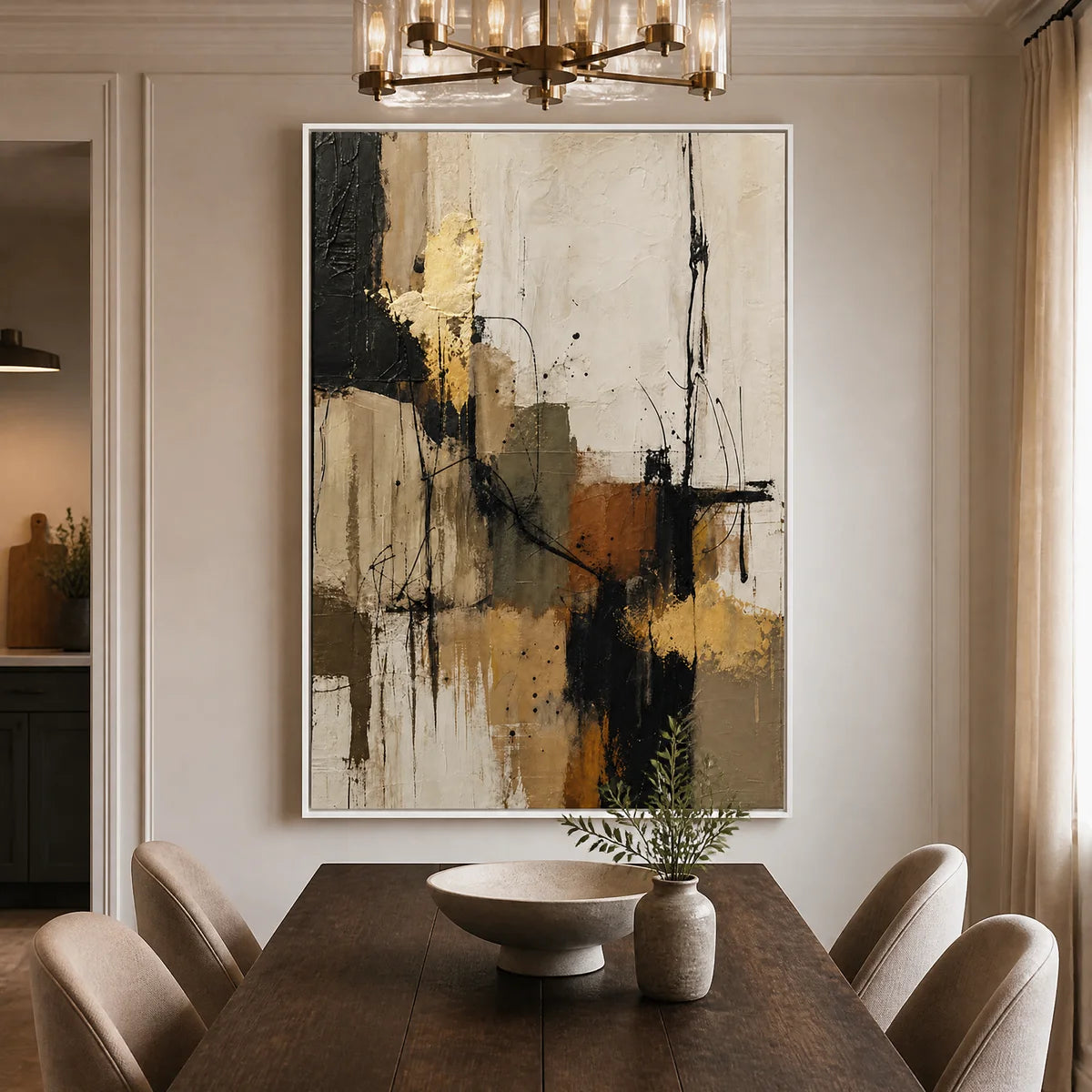 Gold Thread black gold abstract wall art in a luxury living room displayed in a refined dining room.