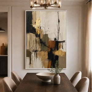 Gold Thread black gold abstract wall art in a luxury living room displayed in a refined dining room.