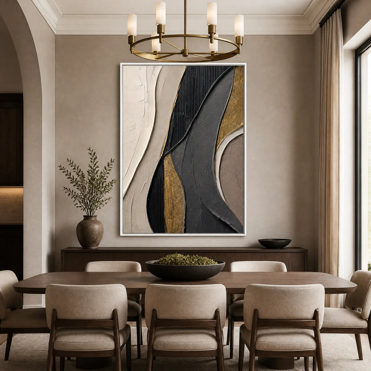 Gold and black geometric abstract wall art in a modern living room.