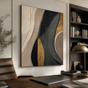 Black gold geometric abstract wall art in a luxury modern office.