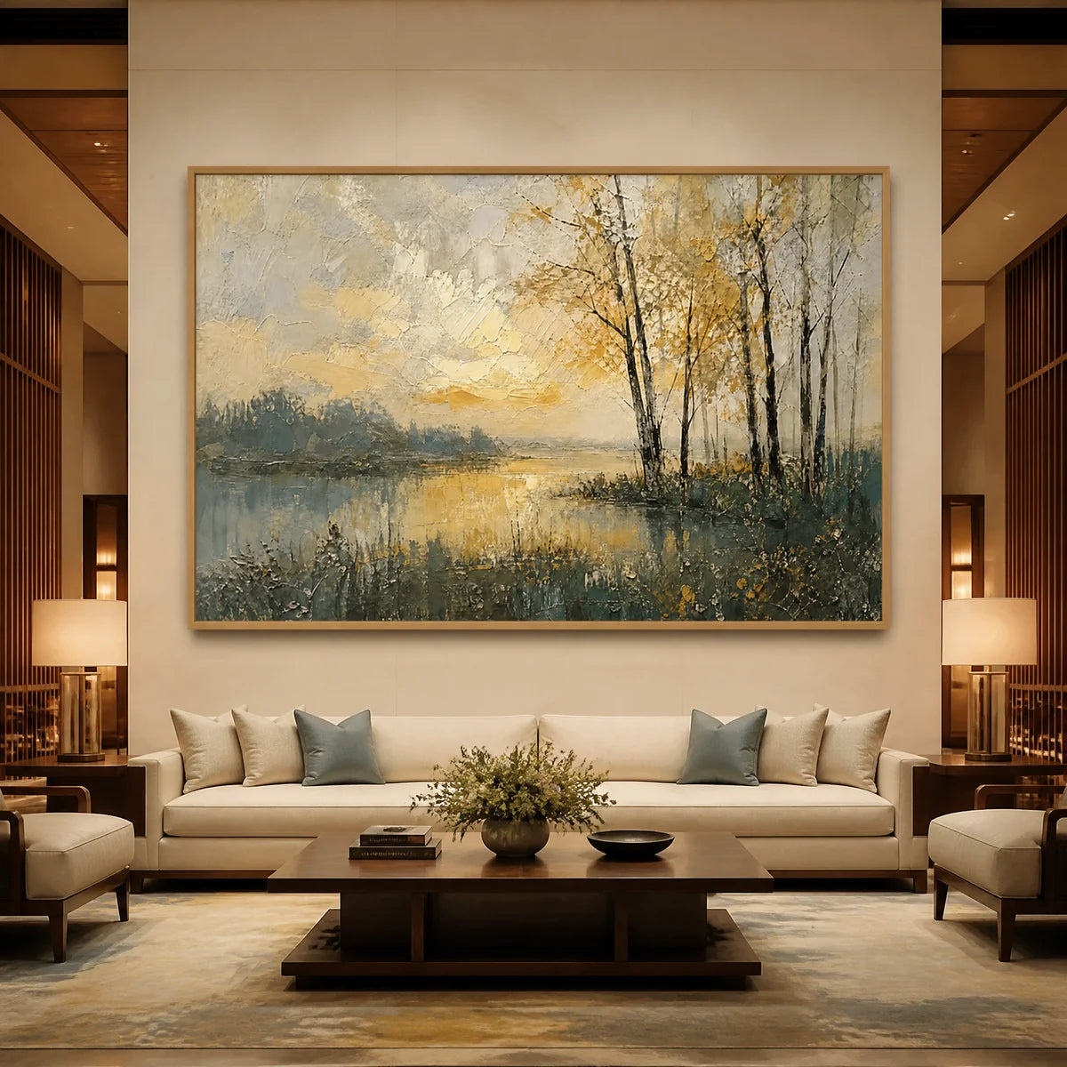 Large-scale palette knife oil painting of a golden lake, hanging in a modern living room.