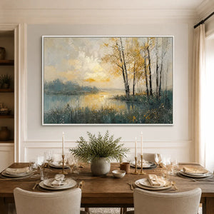 Hand-painted sunset lake oil painting with palette knife texture, featured in a dining room.