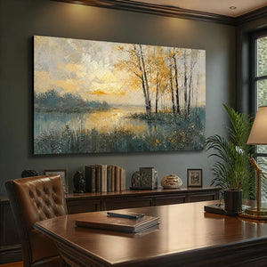 Textured abstract landscape canvas art with golden sunset tones, displayed in a home office.