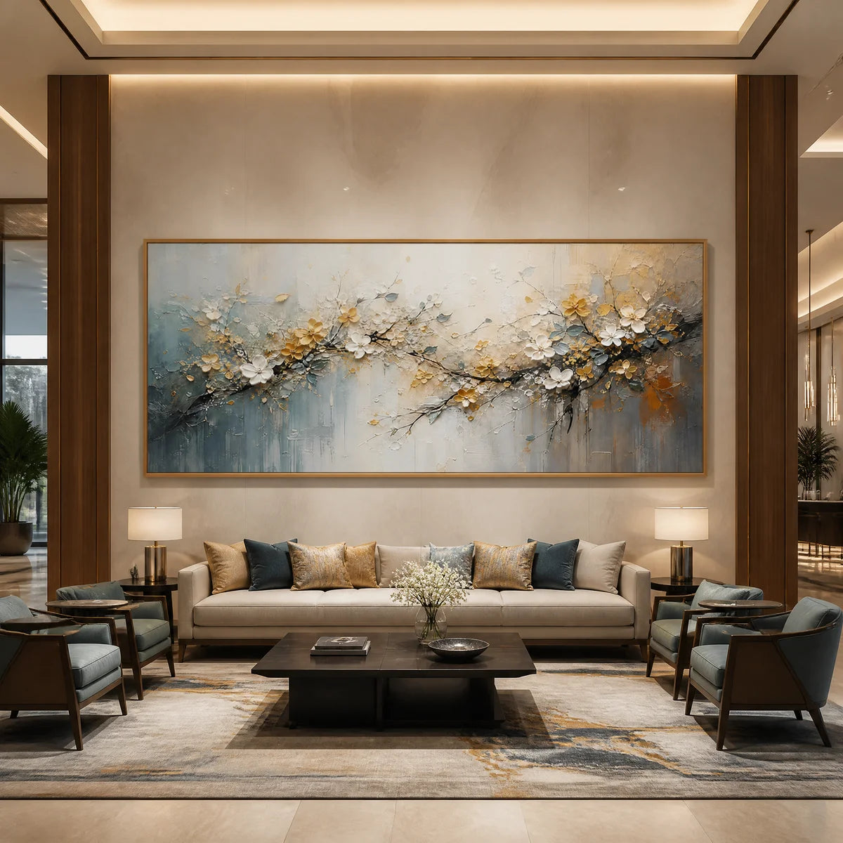 Large floral landscape oil painting with dimensional texture, showcased in a modern luxury living room.