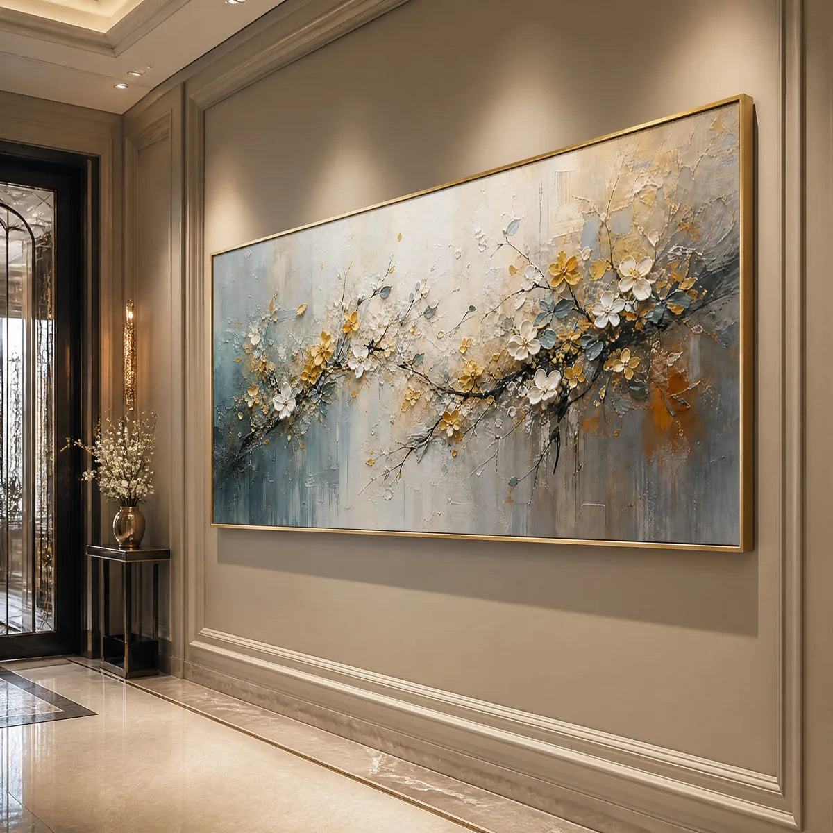 GOLDEN BRANCH: Soft Gold Floral Branch Art